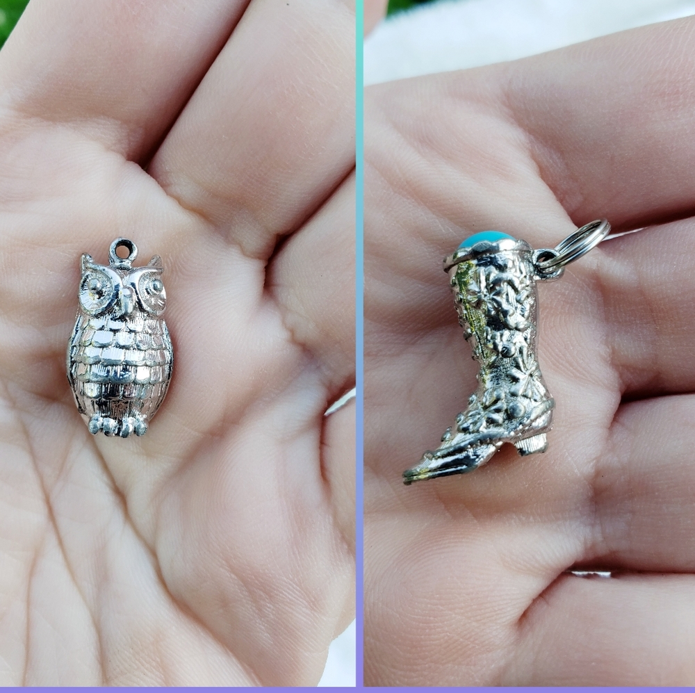 Two Cute Vintage Signed Avon Owl and Boot Pendants